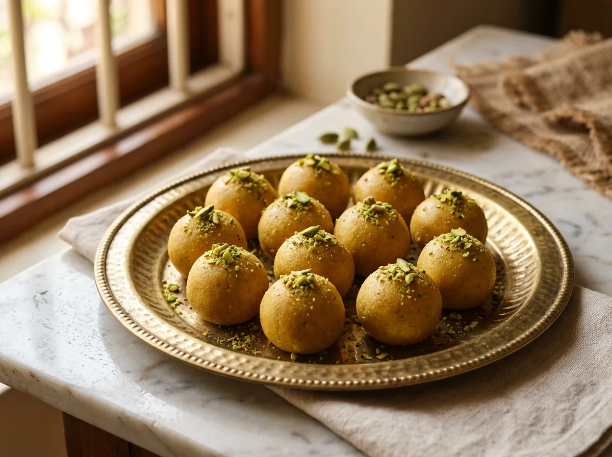 Besan ladoo roasted gram flour balls on brass plate