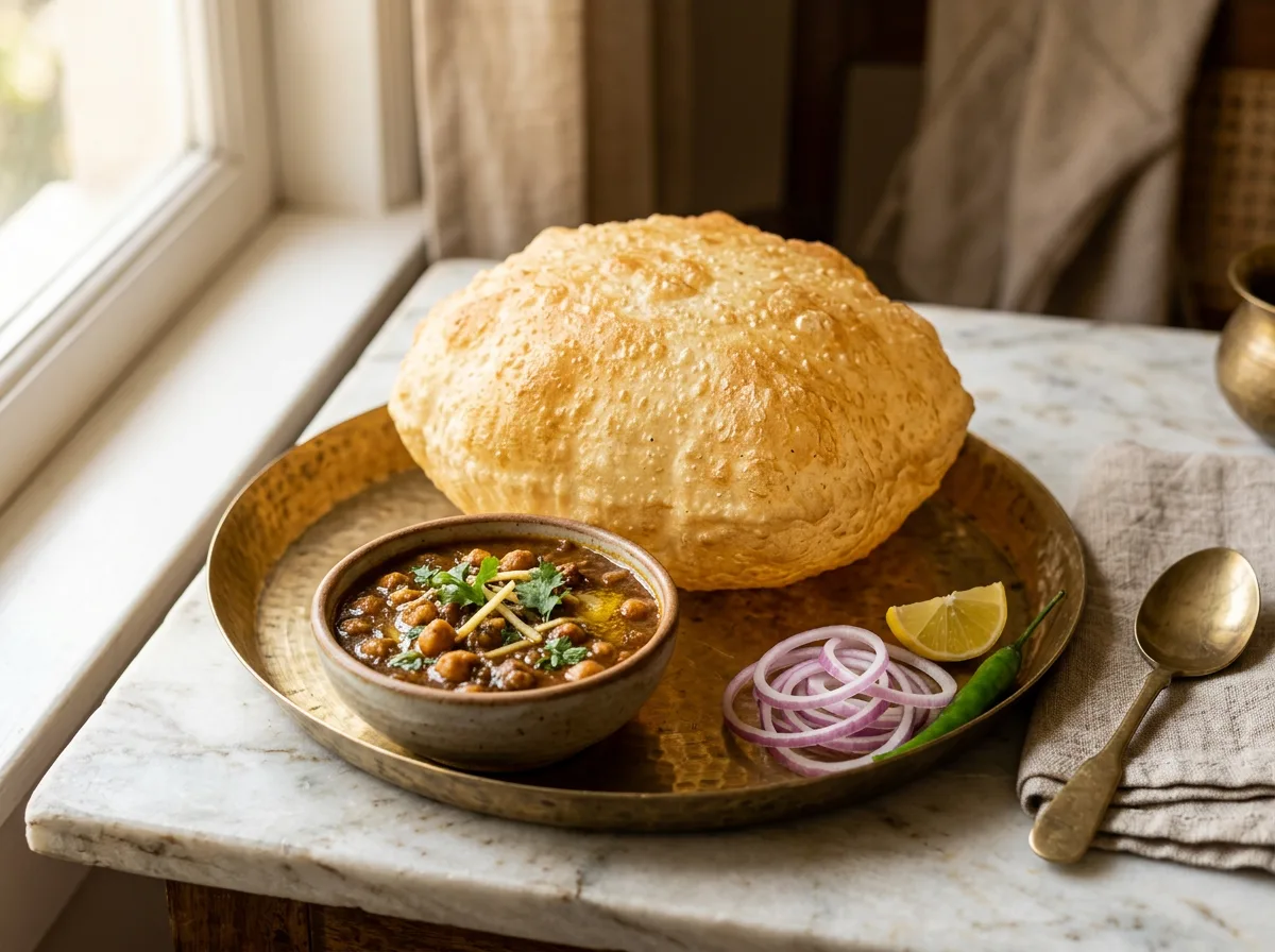 Soft golden bhatura with chole on brass plate
