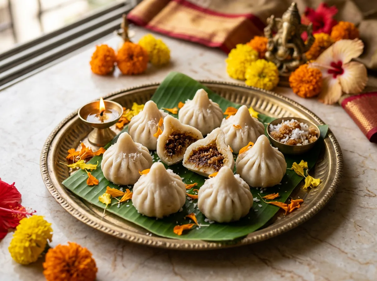 Ukadiche Modak steamed coconut jaggery dumplings on brass plate