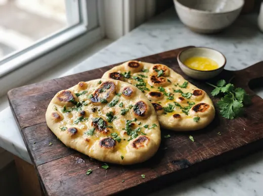 Butter naan on wooden board