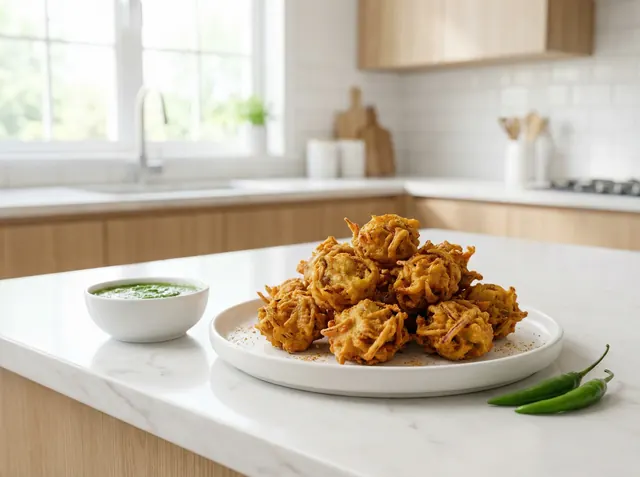 Crispy pakoras on white ceramic plate