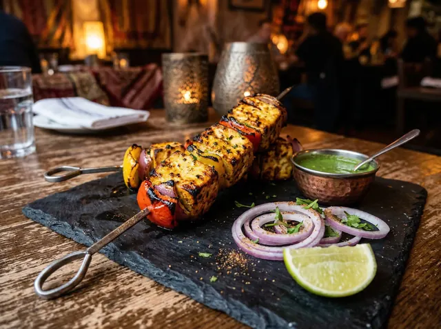 Paneer Tikka charred cubes with bell peppers on skewers