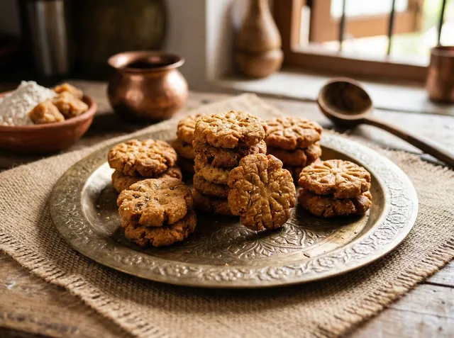 Thekua traditional wheat flour jaggery biscuits on brass plate