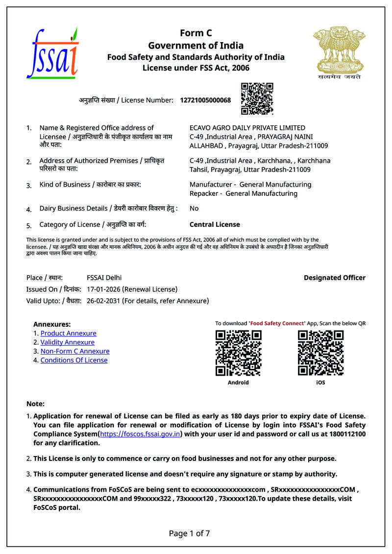 FSSAI Licence - Ecavo Agro Daily Pvt Ltd