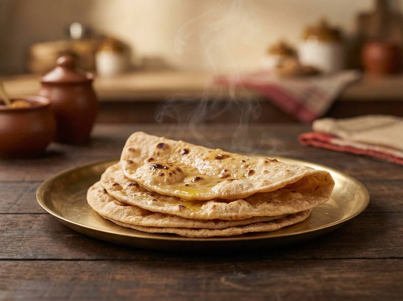 Fresh rotis with ghee on a brass plate