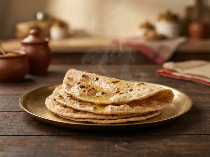 Fresh rotis on brass plate