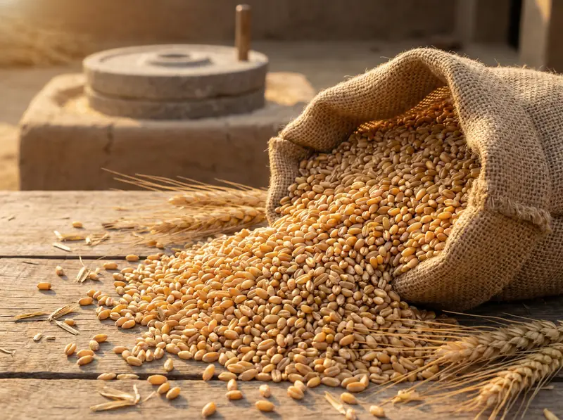 Fresh wheat grains with traditional stone mill